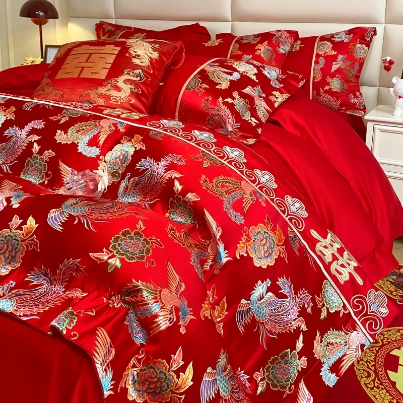 富安娜高档中式龙凤结婚四件套大红色新婚婚庆四件套陪嫁被套纯棉