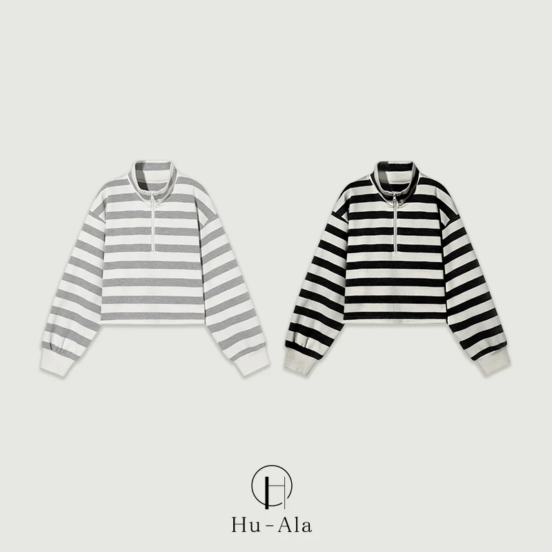 花蜡 Hu-Ala 慵懒感get！条纹宽松短款卫衣 | 懒人秋季穿搭首选