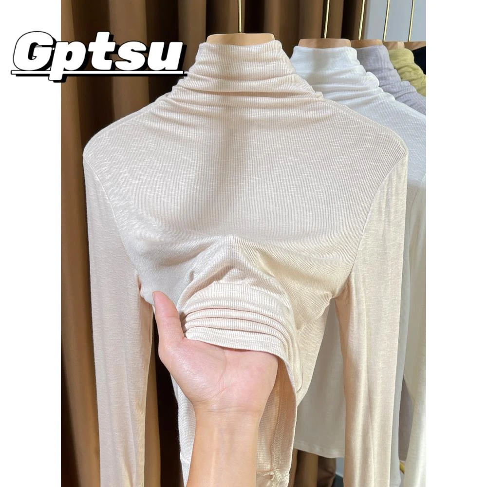 GPTSu白色高领螺纹针织打底衫女春秋款长袖薄款紧身洋气内搭小衫