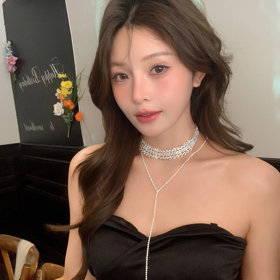 铁合金项链 超闪满钻Y字长流苏项链高级感简约锁骨链气质双层颈链