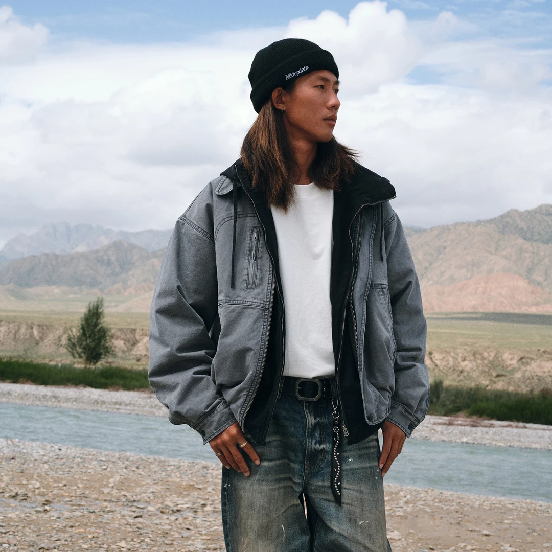 MIDUPDATE 秋冬重磅加厚水洗做旧炒盐休闲工装翻领酵洗夹克外套男