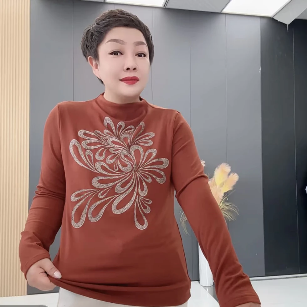 YX9969秋季新款透气时尚半高领印花女长袖T恤打底衫