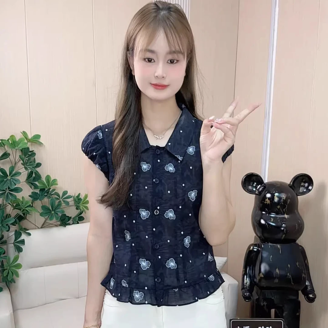 时尚印花衬衫女2025夏季新款设计感小众宽松显瘦上衣气质短袖衬衣