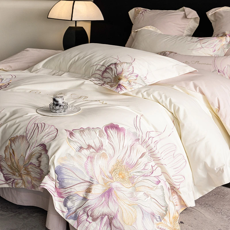 皇后娘娘春季新款花卉刺绣全棉磨毛四件套公主风高档纯棉床上用品