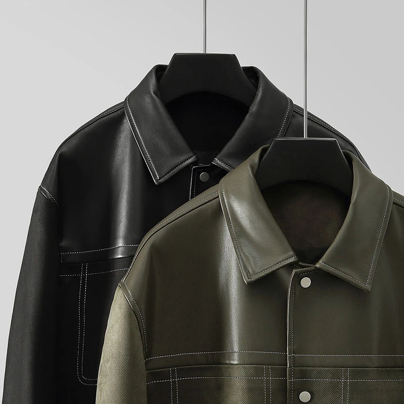 拼接PU皮短款夹克