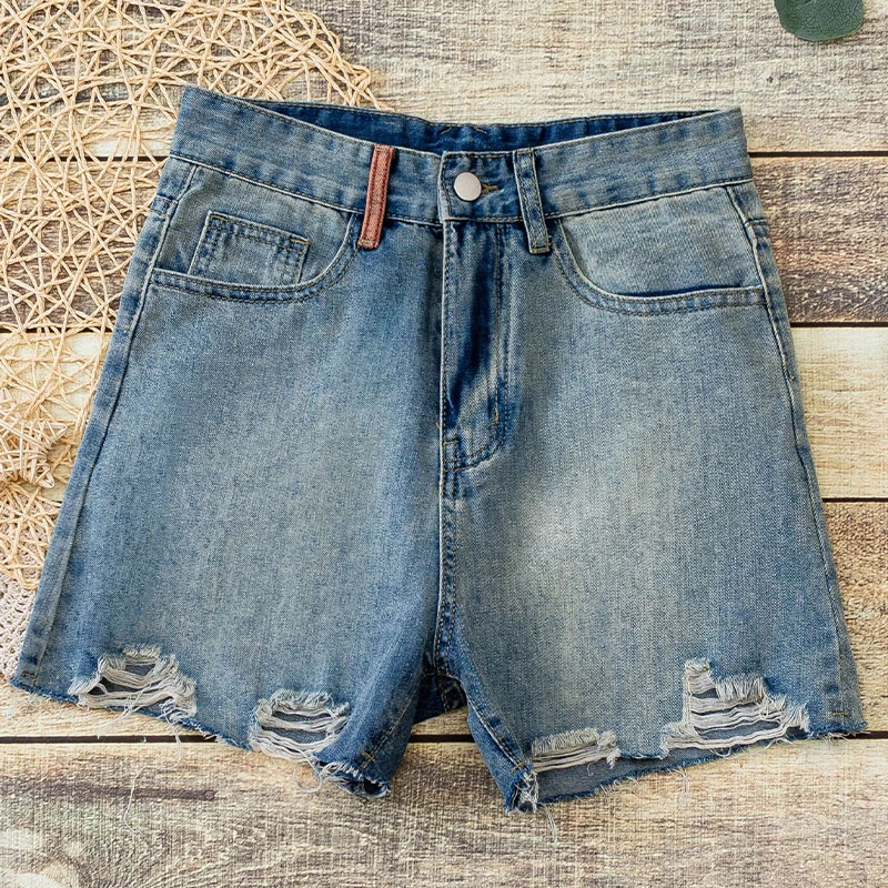 流苏刺绣高腰牛仔短裤女2025夏季新款文艺百搭磨白做旧阔腿裤热裤
