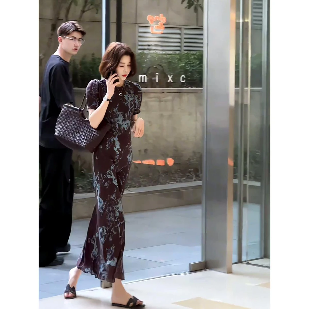 梅森画廊 法式慵懒风晕染花卉印花连衣裙女装高级感显瘦气质长裙