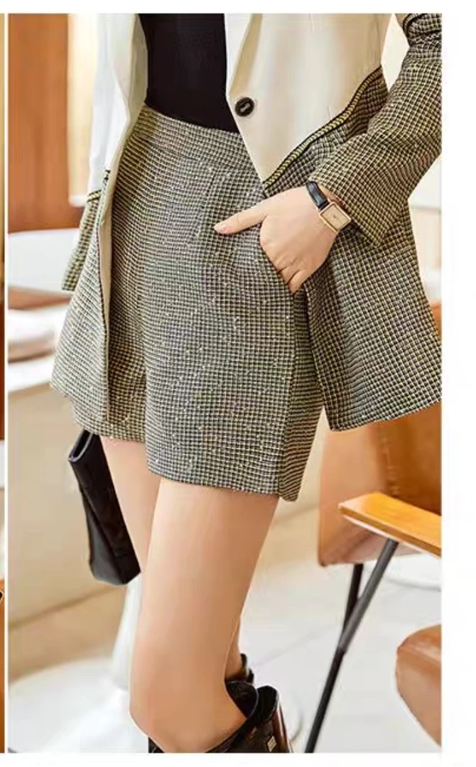 A区C266格子小香风短裤女2025春秋新款休闲设计感职业装短裤