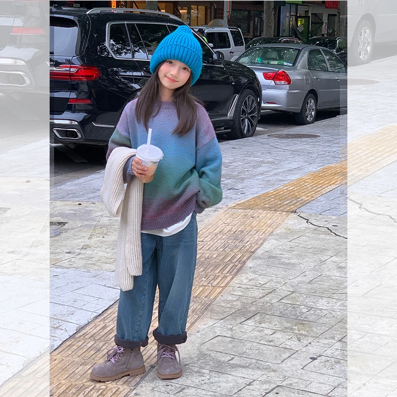 【彩虹糖】西西家女童2025秋冬新款渐变色毛衣儿童休闲上衣JX25130