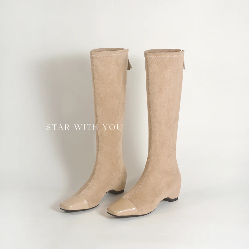 【Lemon】弹力瘦瘦靴百搭气质方头简约高级感拼接小众时装靴5cm