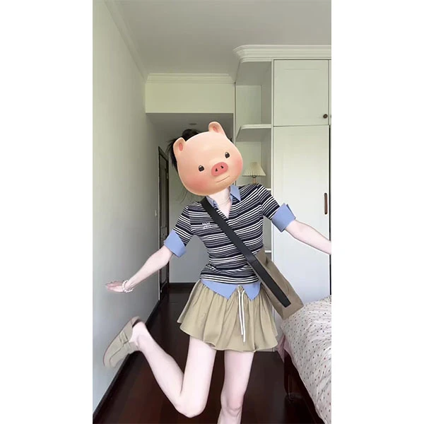 美式学院风条纹polo领正肩上衣女夏季设计感撞色T恤显瘦短裙套装