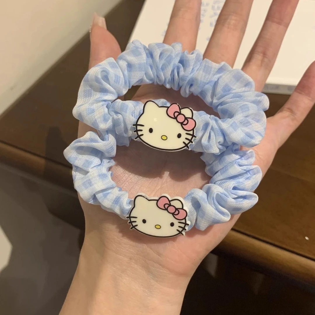 奶呼呼蓝格子KT猫发圈甜美少女ins风小肠圈扎头马尾简约发绳发饰