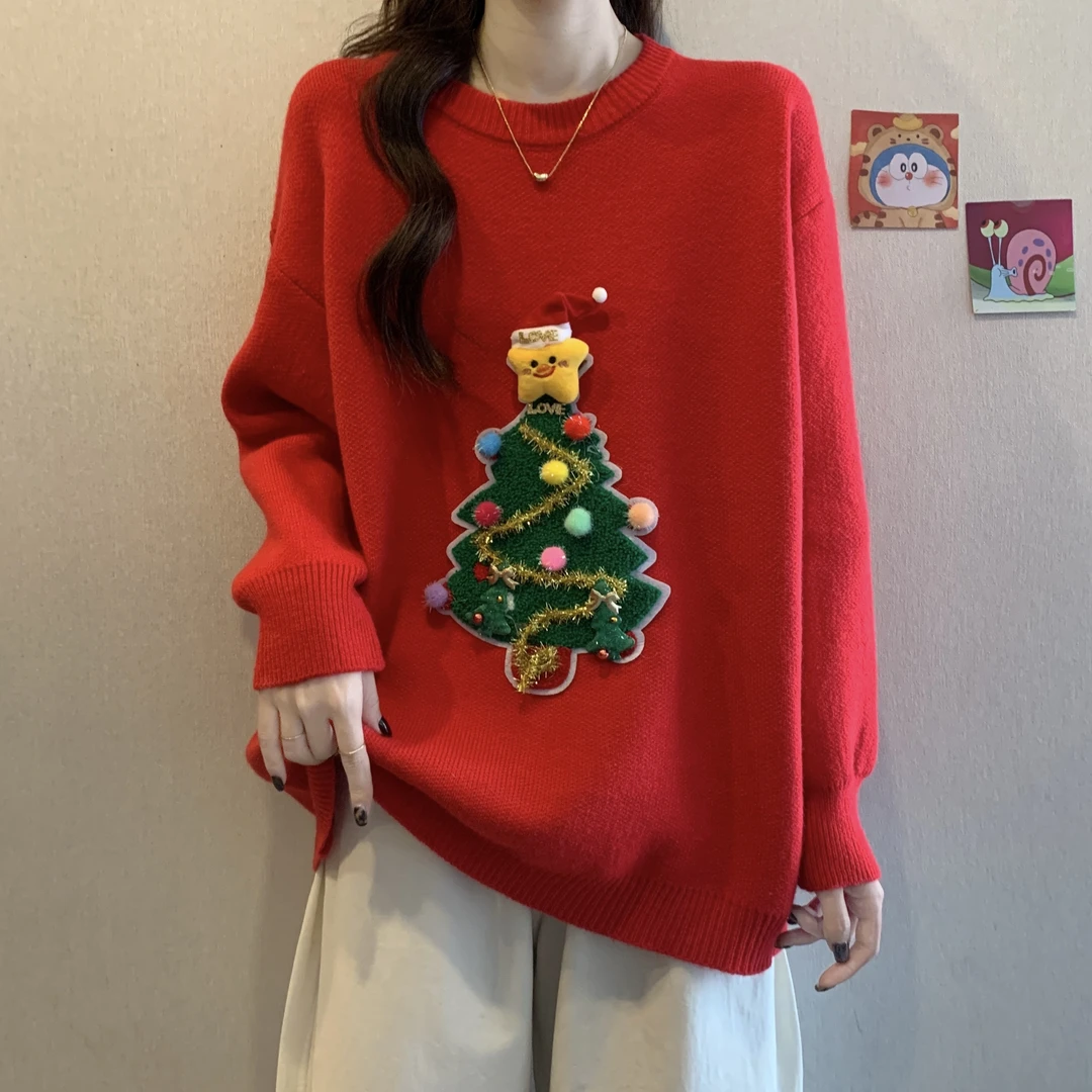 2025新款冬季圣诞树红色毛衣大码女装胖mm洋气新宽松针织衫上衣潮