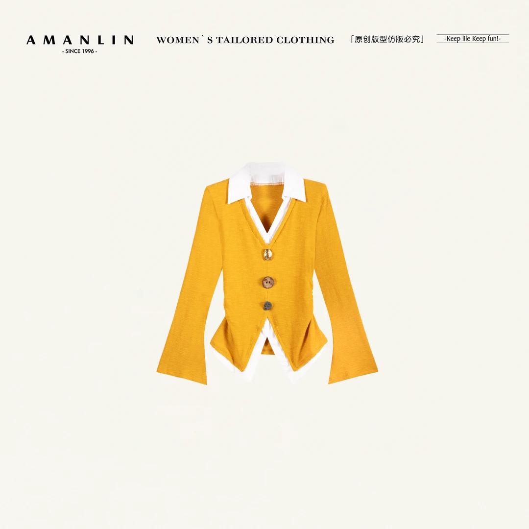 AMANLIN/阿谩琳琥珀流光V领纽扣设计感长修身显瘦别致上衣D599832