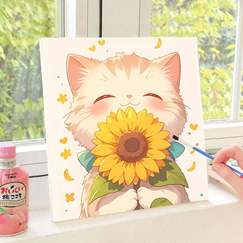猫咪向日葵数字油画2025新款解闷手工涂色手绘填充丙烯油彩解压画