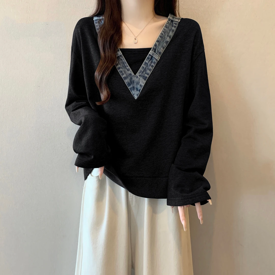 大码V领拼接牛仔长袖卫衣女春秋微胖mm显瘦宽松遮肚子打底衫上衣