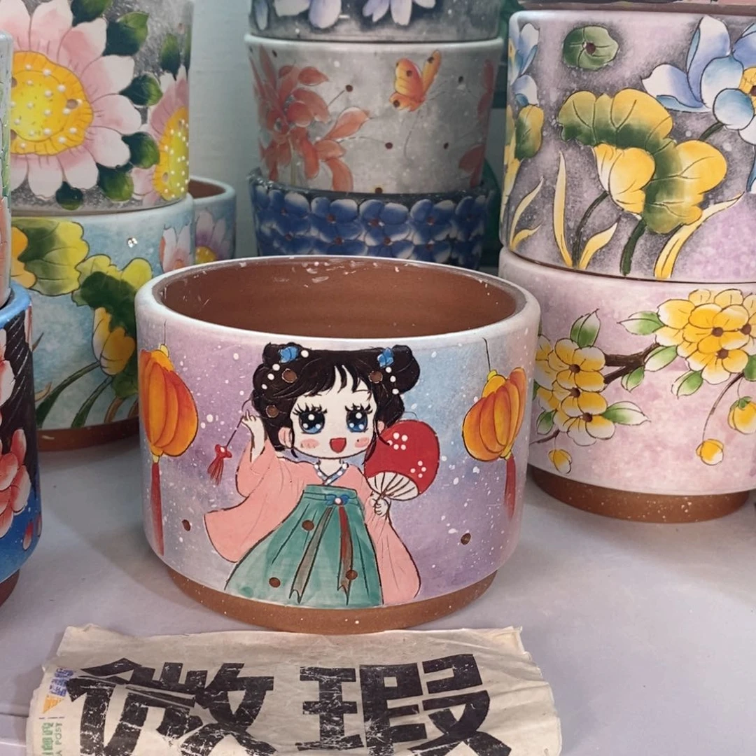 紫砂花盆红陶手绘花盆