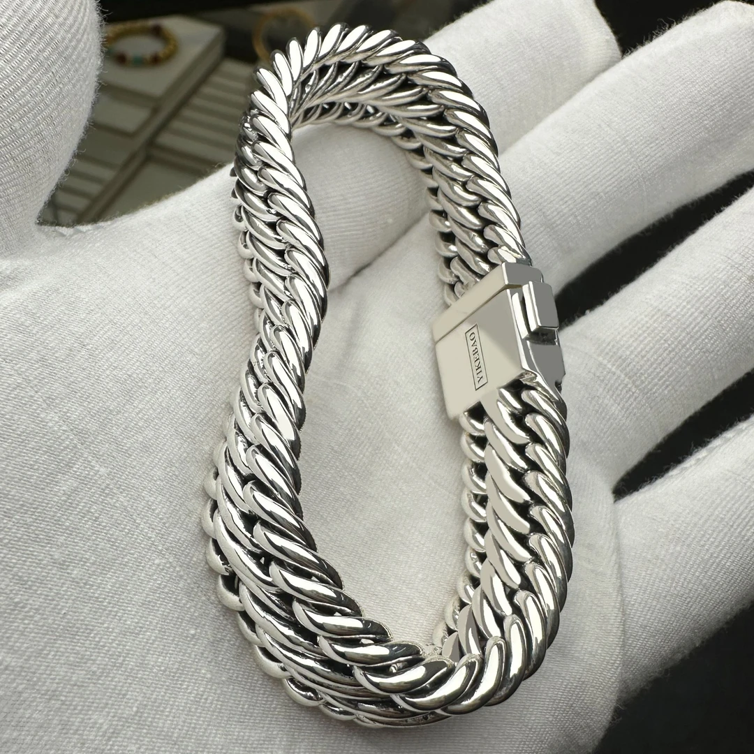 足银银制品 男士三马鞭手链宽版纯银定制足银999送男友生日礼物