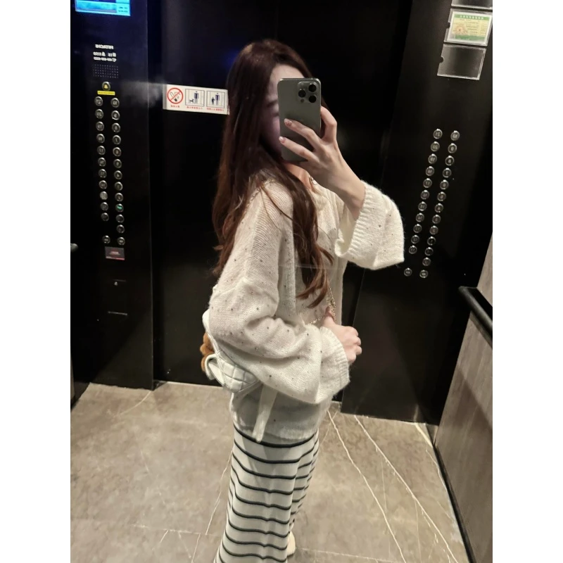 韩系慵懒风休闲简约气质长袖针织毛衣秋季条纹显瘦阔腿长裤两件套