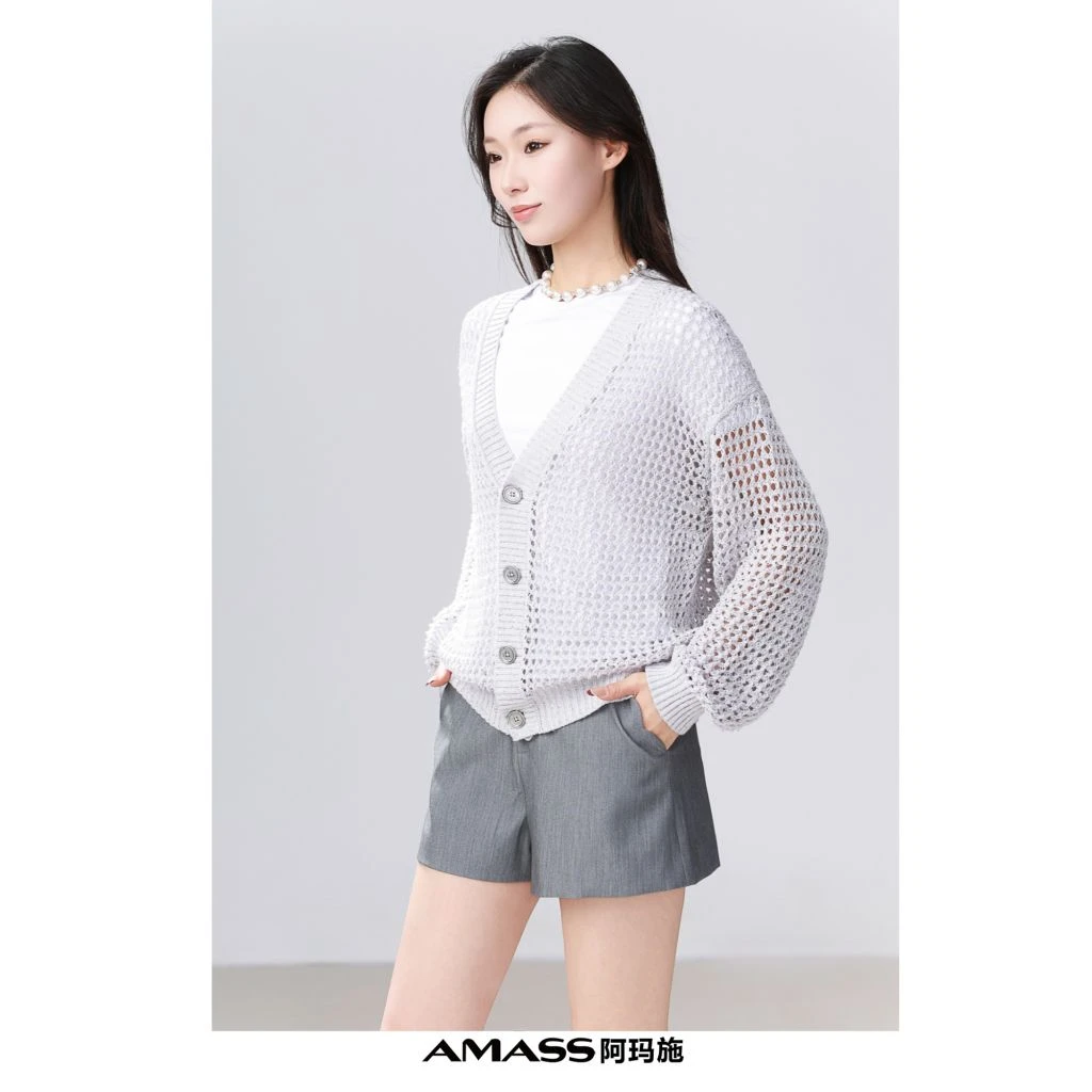 AMASS/阿玛施548008新款长袖设计春夏轻奢慵懒针织衫镂空细闪开衫