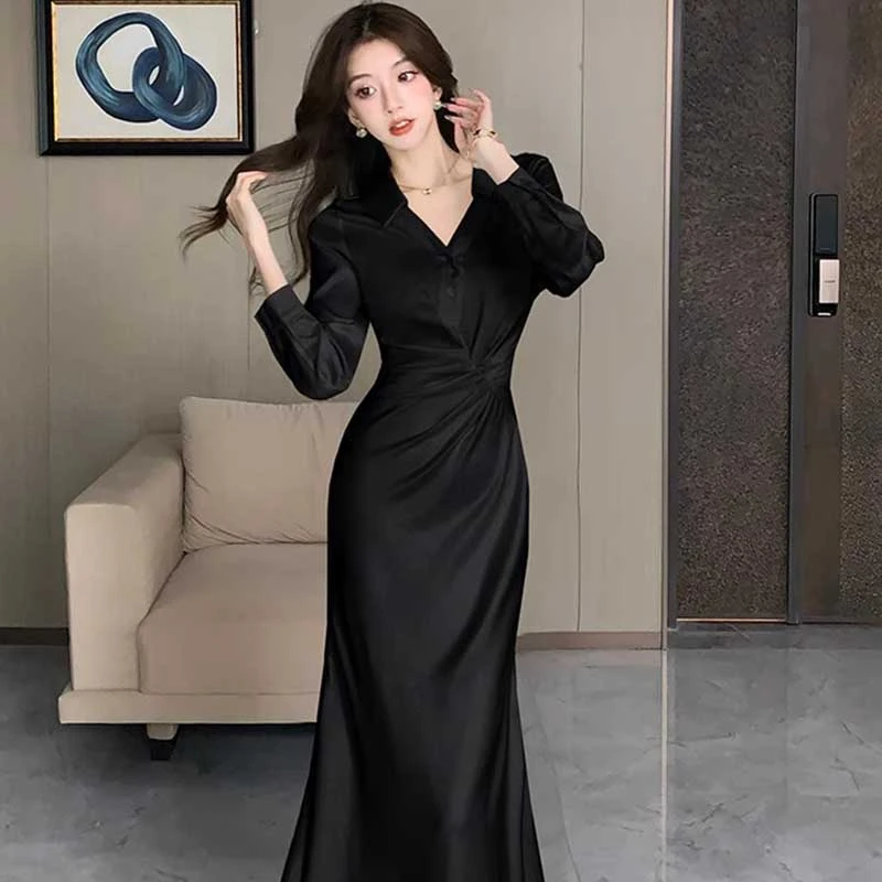 春季v领衬衫连衣裙气质法式修身名媛女褶皱收腰显瘦鱼尾裙D0553