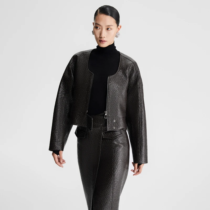 LEDIM WANG巧克力色汤匙肌理夹克