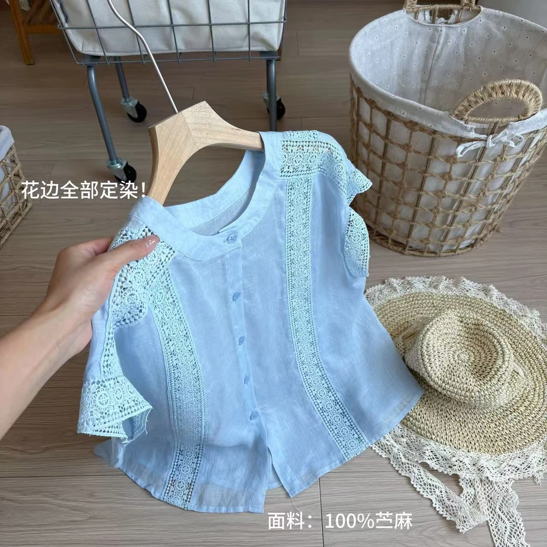 小柒家A00332-蓝色花边超温柔苎麻衬衫夏季镂空新款时尚百搭小衫