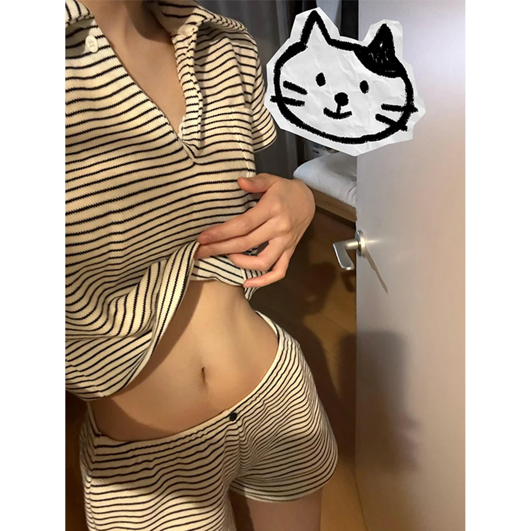 韩版纯欲设计条纹V领短袖睡衣女夏季2025年新款辣妹家居服可外穿