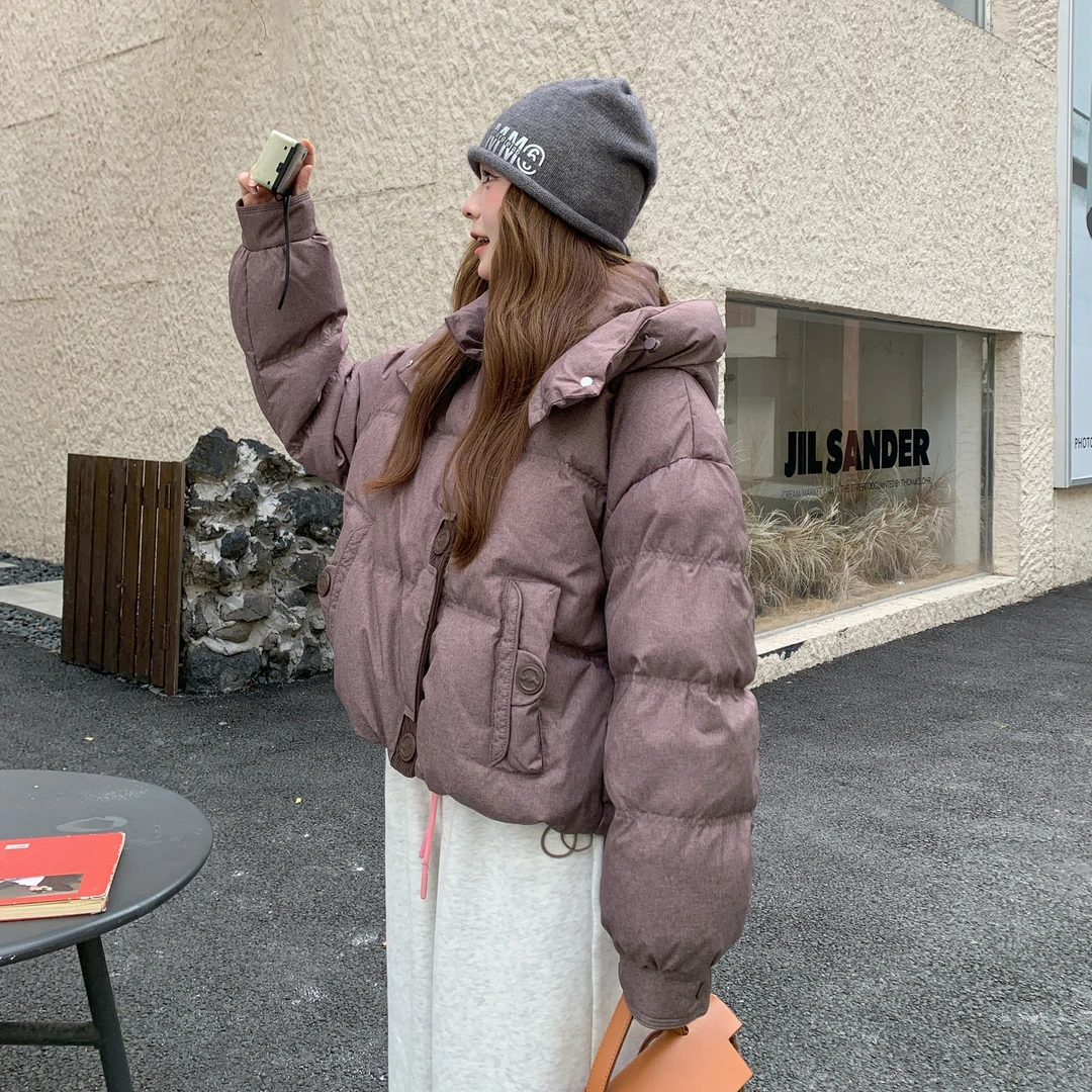 韩系连帽短款羽绒服女冬季2025新款独特设计感小个子白鸭绒面包服