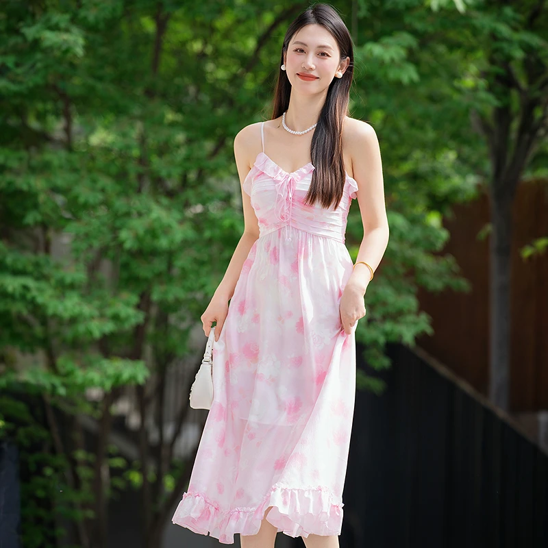 【玫瑰花海裙】桑蚕丝连衣裙度假风吊带裙DOUBLOVE贝爱25夏季新款