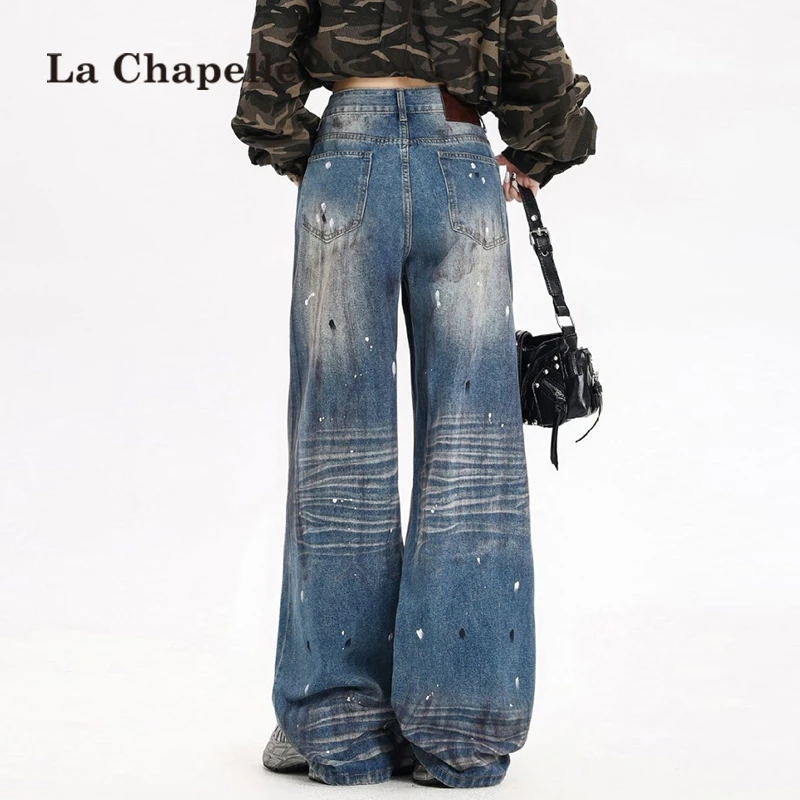 拉夏贝尔设计感泼漆涂鸦阔腿牛仔裤女春秋款复古拖地宽松直筒裤子