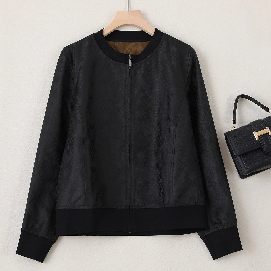 LANZIBES/蓝之蓓真丝香云纱长袖上衣百搭休闲简约拉链开衫C11011