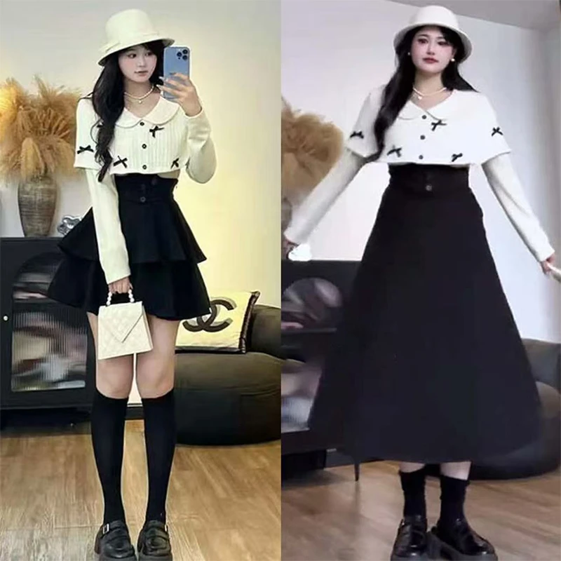 大码胖mm套装女秋冬新款时尚气质长袖上衣高腰半身裙两件套