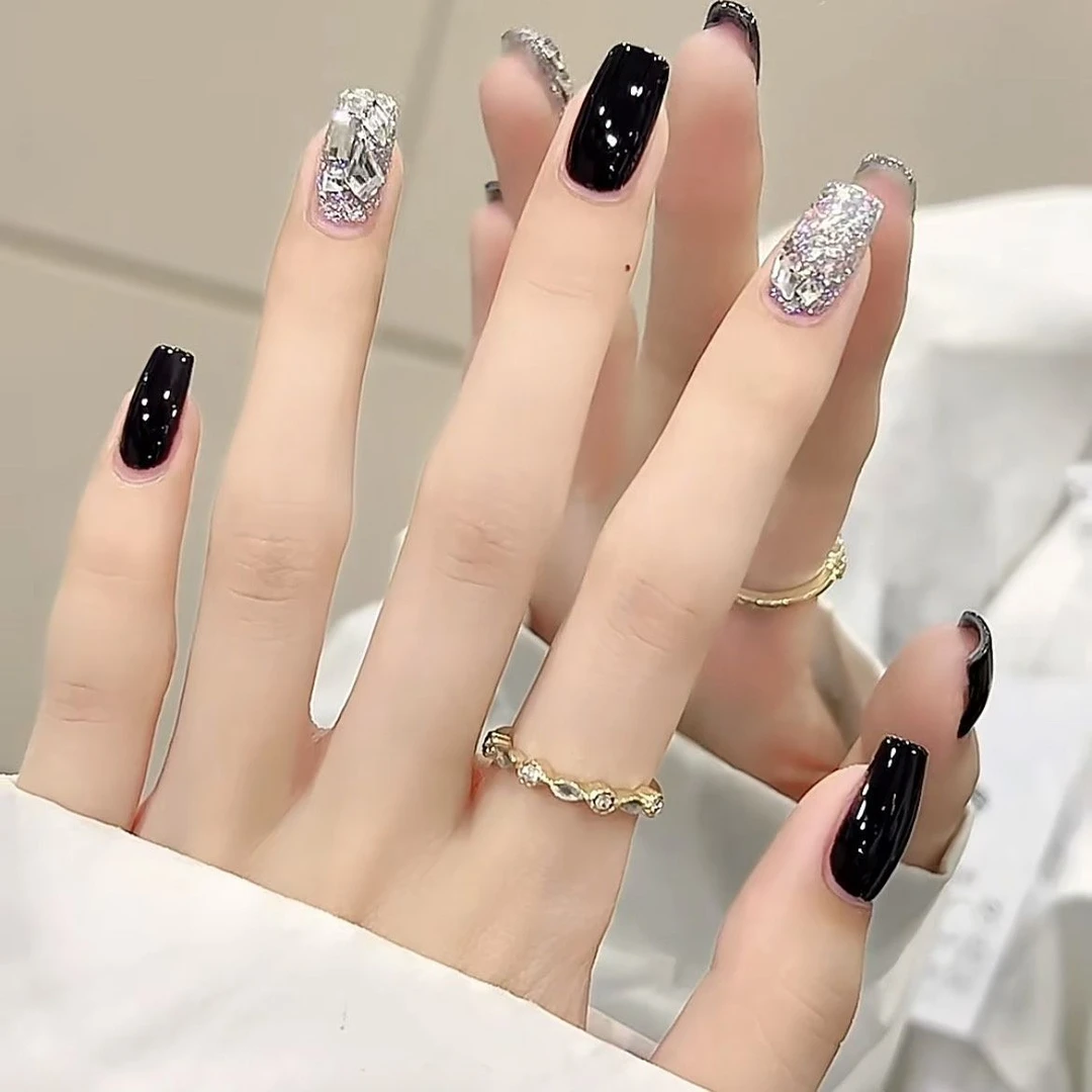 纯手工穿戴甲黑色高级中长款爆闪满钻手指贴片甜酷气质成品美甲片