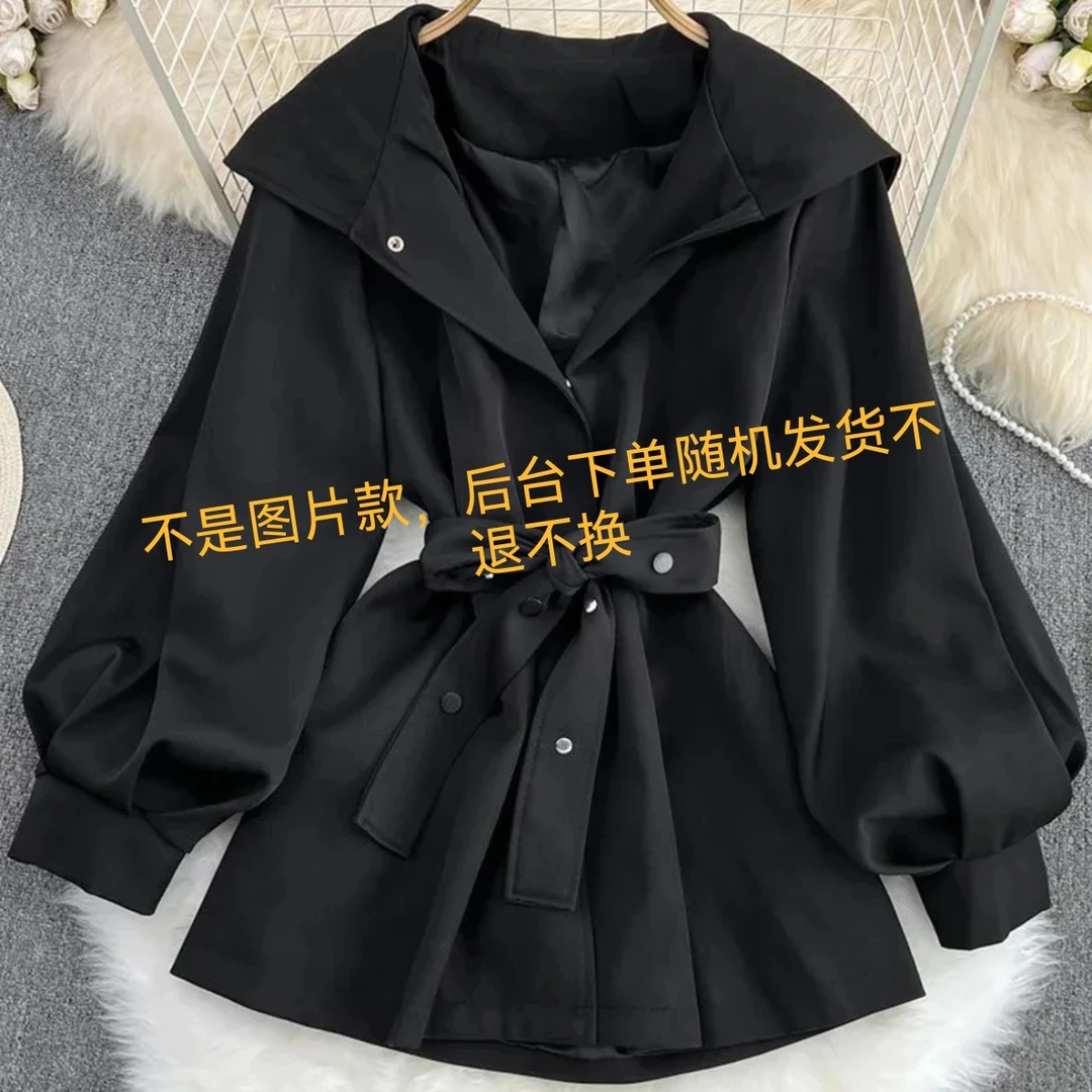 秋季女款短款显瘦灯笼袖连帽风衣外套小个子洋气百搭