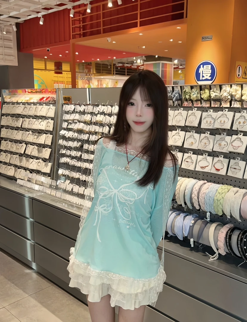 蝴蝶蕾丝薄款印花长袖T恤女辣妹休闲连帽宽松防晒罩衫上衣时尚