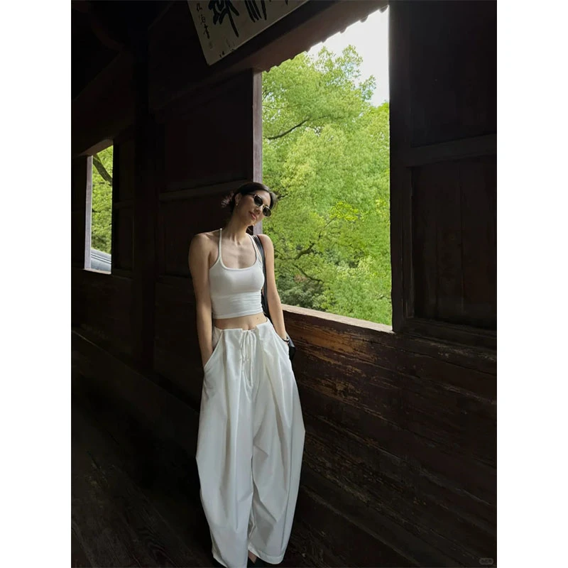 2025夏季新款修身显瘦穿搭露背挂脖无袖上衣休闲简约时尚宽松长裤