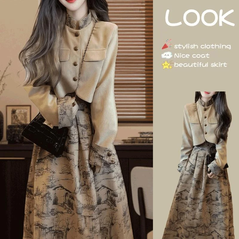 新中式气质灯芯绒短外套女装2025秋冬新款国风半裙高级名媛两件套