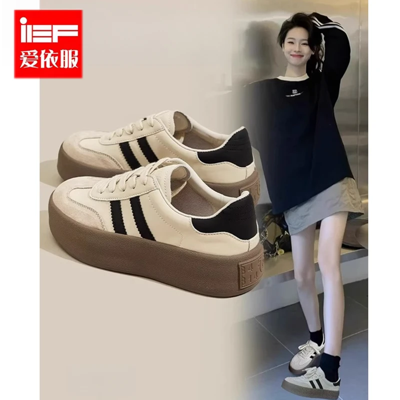 IEF/爱依服复古德训鞋女2025新款春秋休闲厚底小白鞋学生透气板鞋