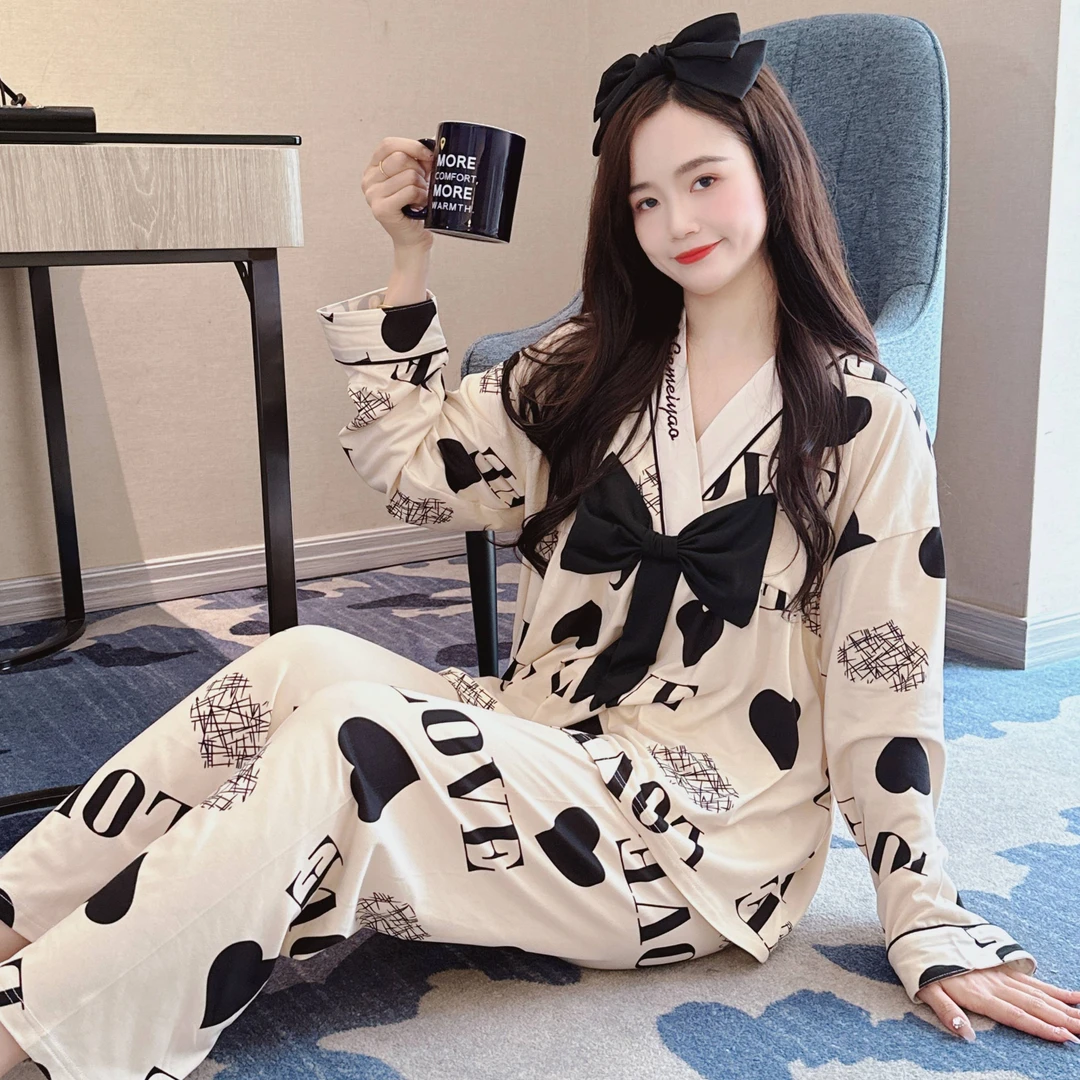 睡衣女春秋季长袖公主风宽松v领蝴蝶结时尚大码韩版家居服套装