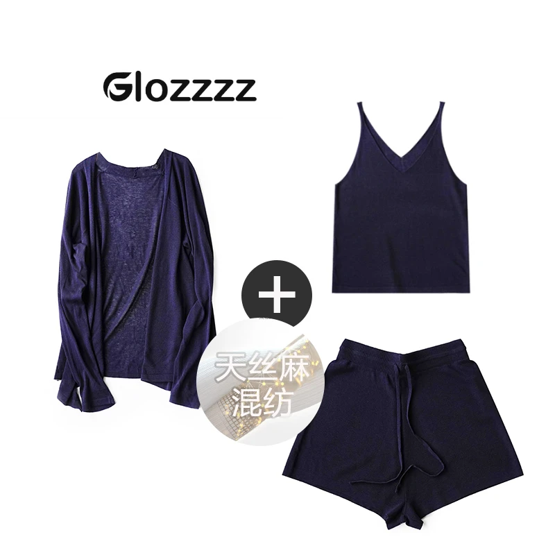 【Glozzzz】暮光之城 天丝亚麻慵懒风薄款开衫裤子背心三件套L 0528