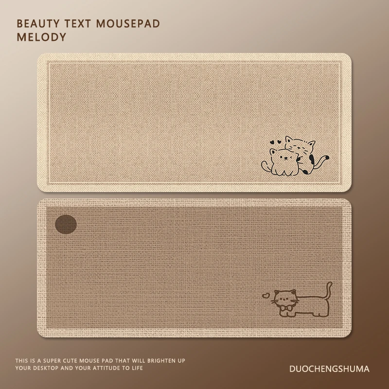 日式可爱小猫鼠标垫超大号简约亚麻印花高颜值办公家用键盘书桌垫