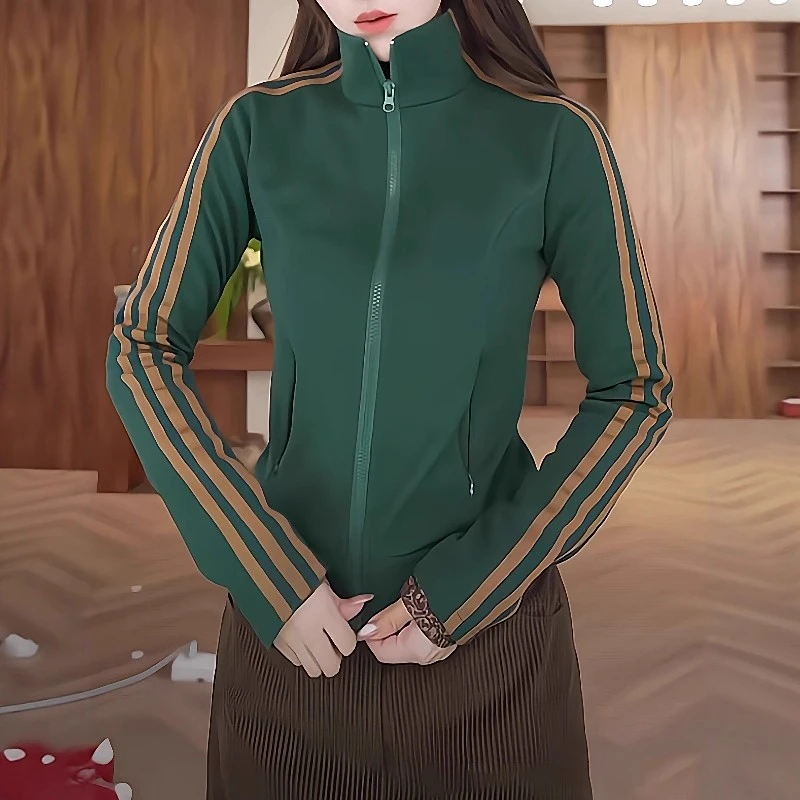 撞色条纹双拉链立领卫衣外套2025秋季大码胖MM时尚气质百搭上衣潮