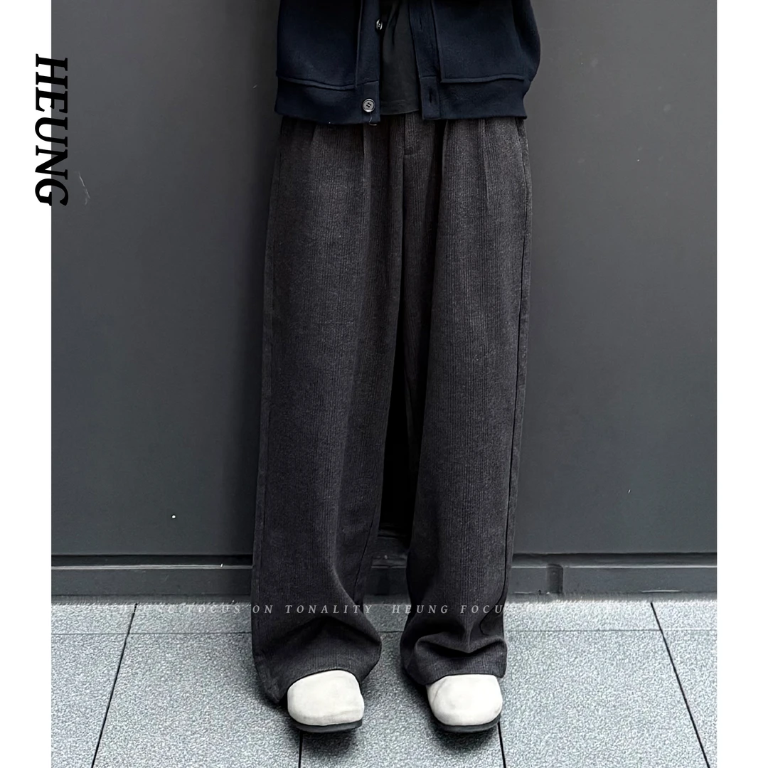 HEUNG 秋冬立体剪裁人字纹毛呢阔腿休闲裤慵懒复古潮流肌理感男裤