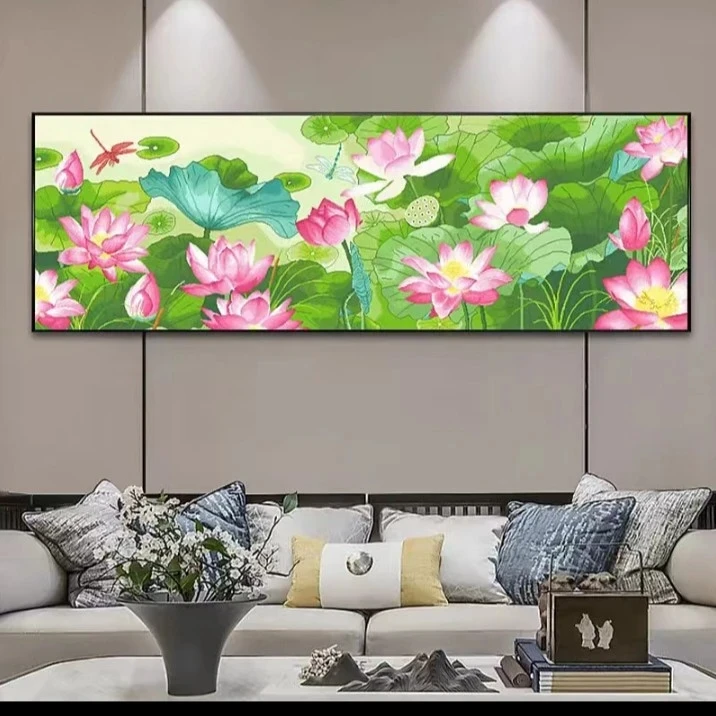 纯手工绣好十字绣成品758红荷映日蜻蜓版客厅挂画