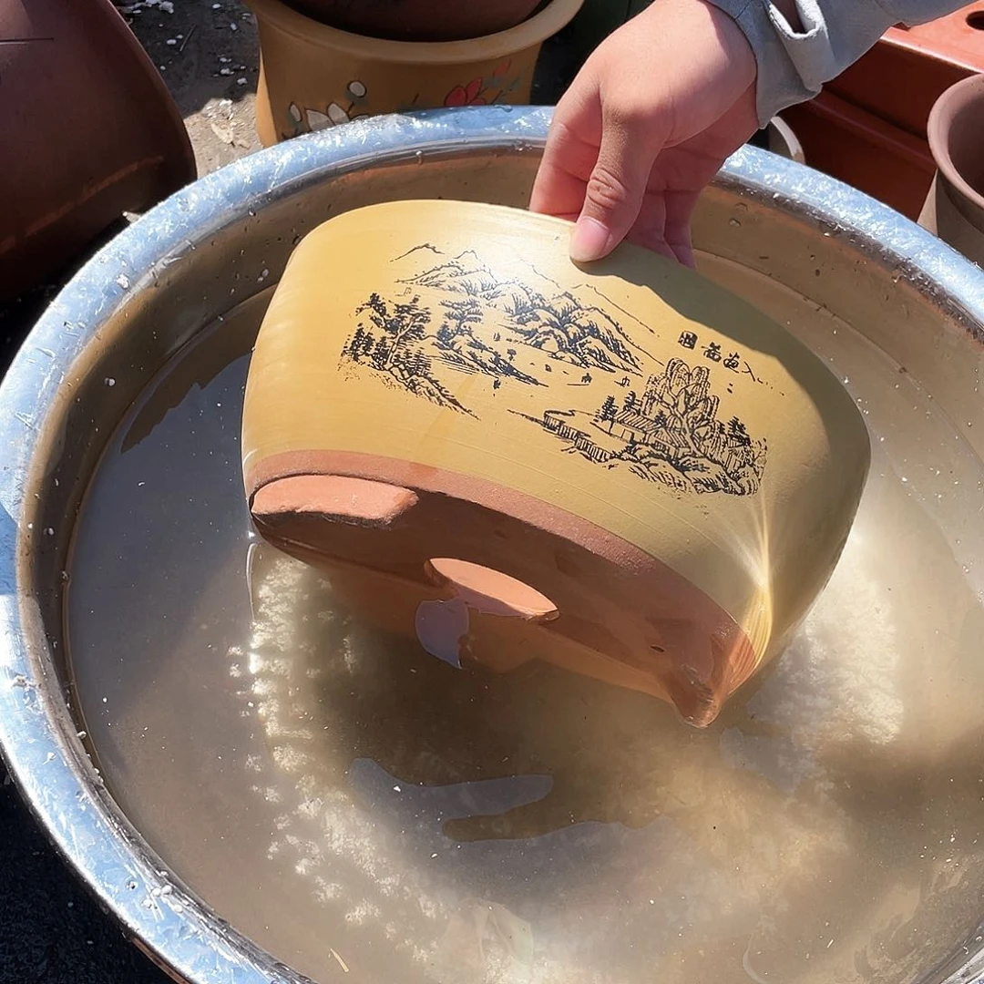 黄色江山如画中号花盆紫砂花盆紫砂
