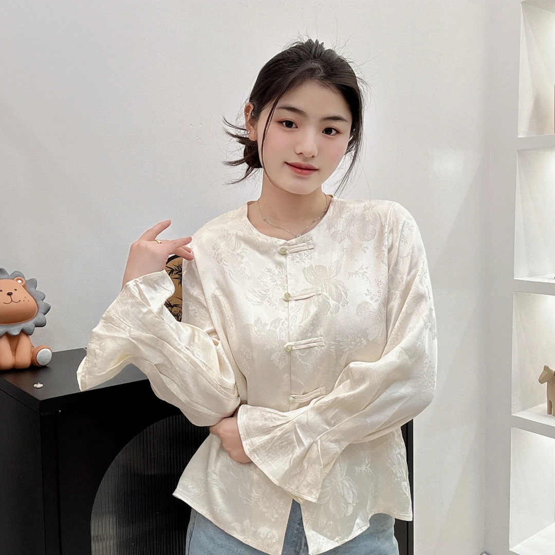 【花蕾】新中式国风花瓣袖春季百搭提花破洞薄款衬衫宽松上衣时尚