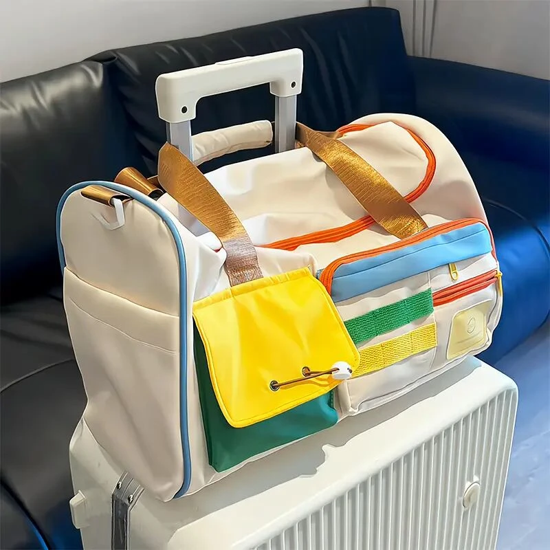 撞色休闲运动健身包女大容量旅游手提斜挎行李包短途出差通勤包男