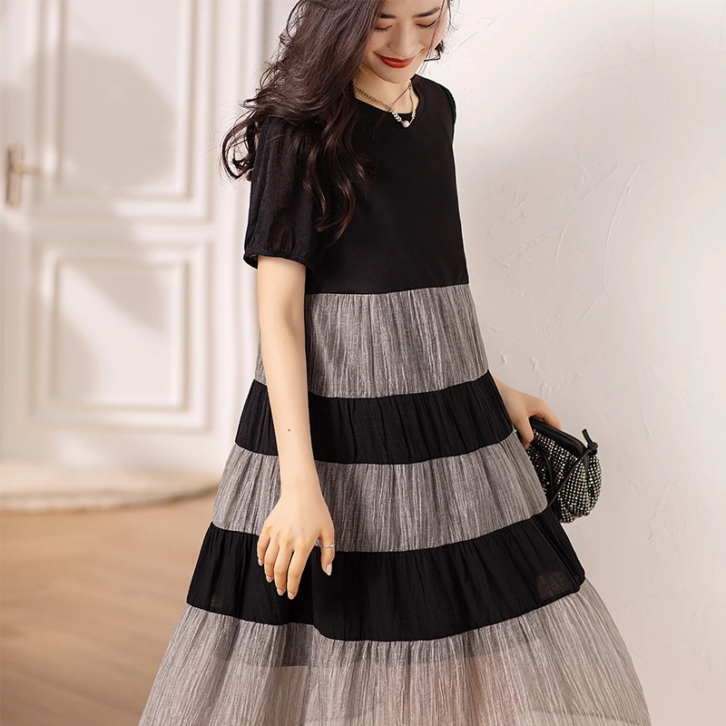 气质拼接宽松显瘦圆领连衣裙女2025夏季新款时尚优雅洋气裙子