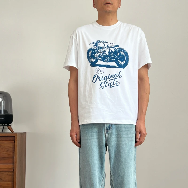 圆领2025夏新款复古夏季印花白色T恤宽松机车不对称美式短袖潮流